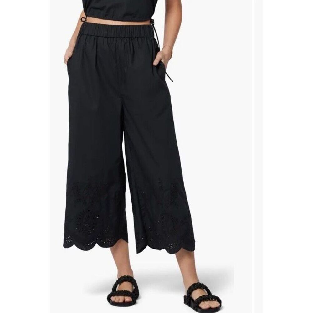 JOIE Womens Florence Wide Leg Floral Lace‎ Hem Pants in Black Pull On Size Large